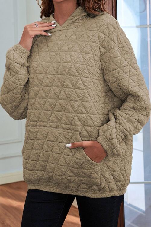 Quilted Long Sleeve Hoodie with Pocket | Polyester Hoodie With Cuffed Sleeves