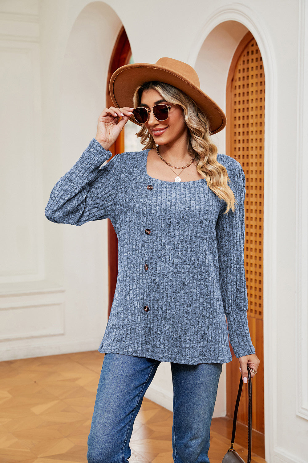 Decorative Button Slit Square Neck Top | Casual Ribbed Top With Long Sleeves