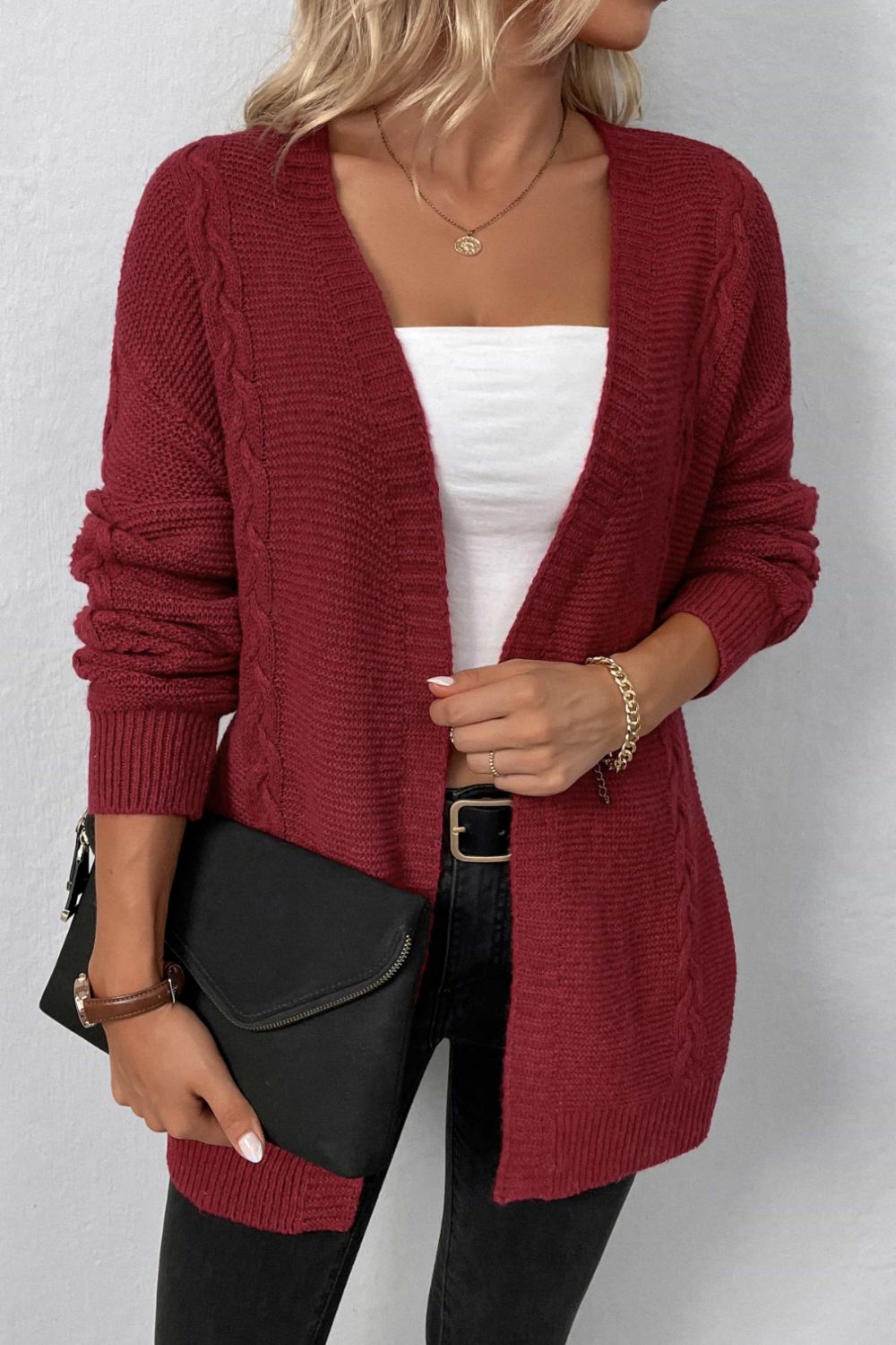 Cable-Knit Open Front Cardigan with Pockets | Casual Cardigan With Ribbed Sleeve