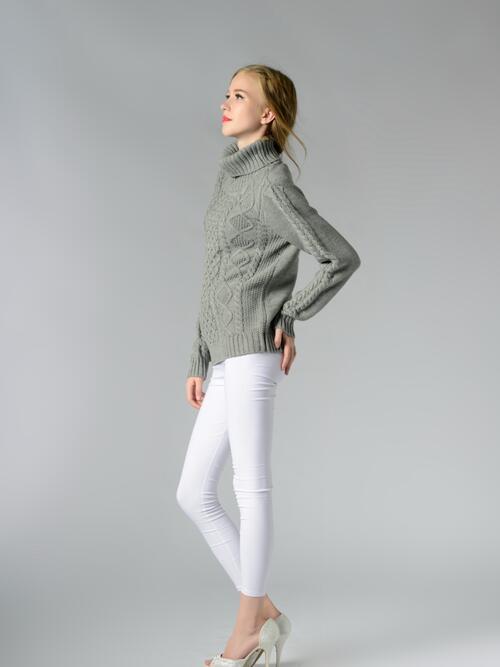 Cable-Knit Turtleneck Long Sleeve Sweater | Woman's Casual Acrylic Sweater