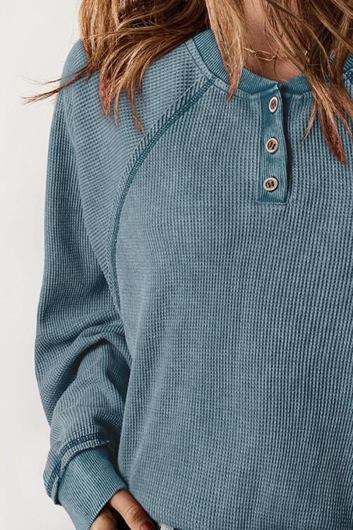 Waffle Knit Raglan Sleeve Henley Sweatshirt | Polyester Sweatshirt With Buttons