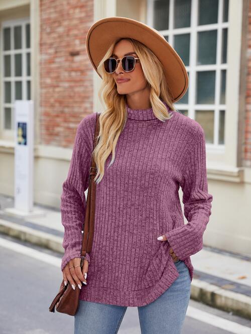 Ribbed Turtleneck Long Sleeve Slit Knit Top | Casual Solid Woman's Rayon Top