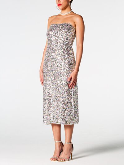 Sequin Straight Neck Midi Wrap Dress |  Formal Sleeveless Strapless Sequin Dress