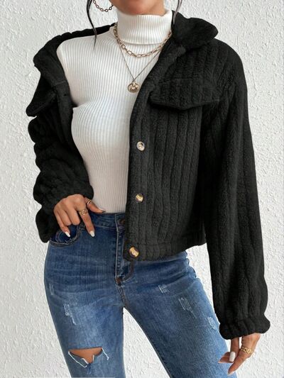 Fuzzy Button Up Collared Neck Jacket | Solid Polyester Jacket With Pockets