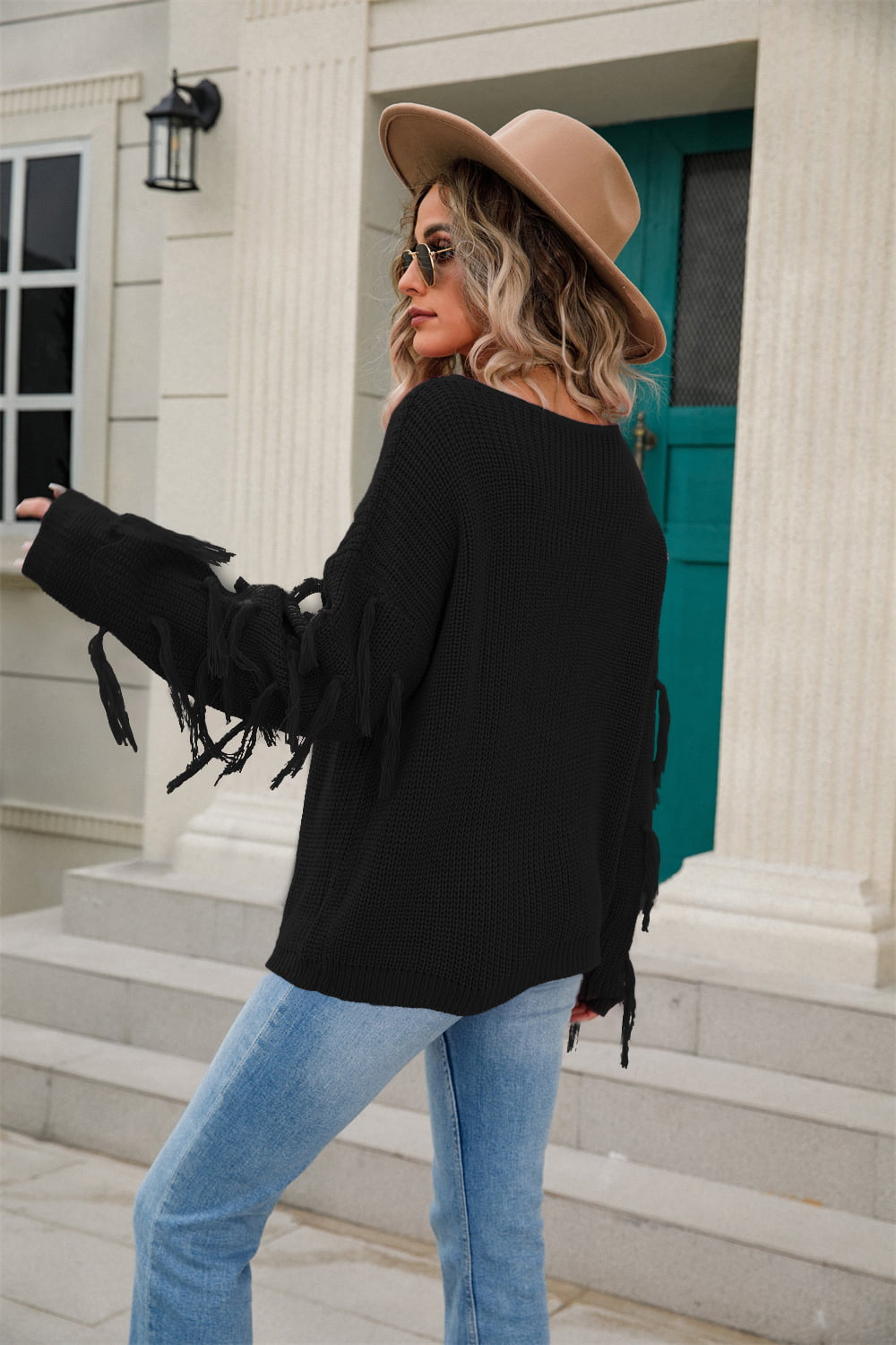 Ribbed Round Neck Fringe Detail Sweater | Solid Acrylic Sweater With Long Sleeve