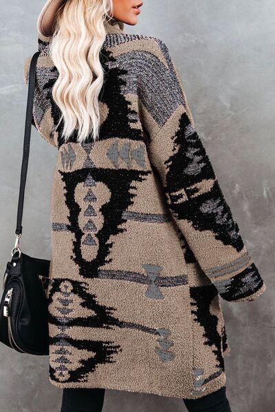 Geometric Open Front Pocketed Cardigan | Acrylic Cardigan With Single Button