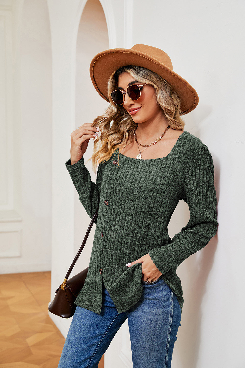 Decorative Button Slit Square Neck Top | Casual Ribbed Top With Long Sleeves