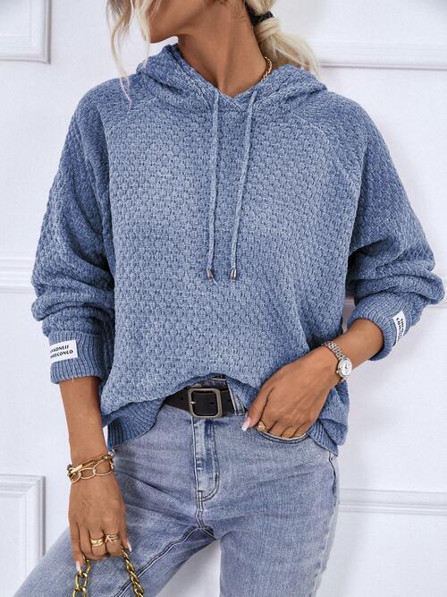 Texture Drawstring Long Sleeve Hooded Sweater | Solid Sweater With Ribbed Cuffs