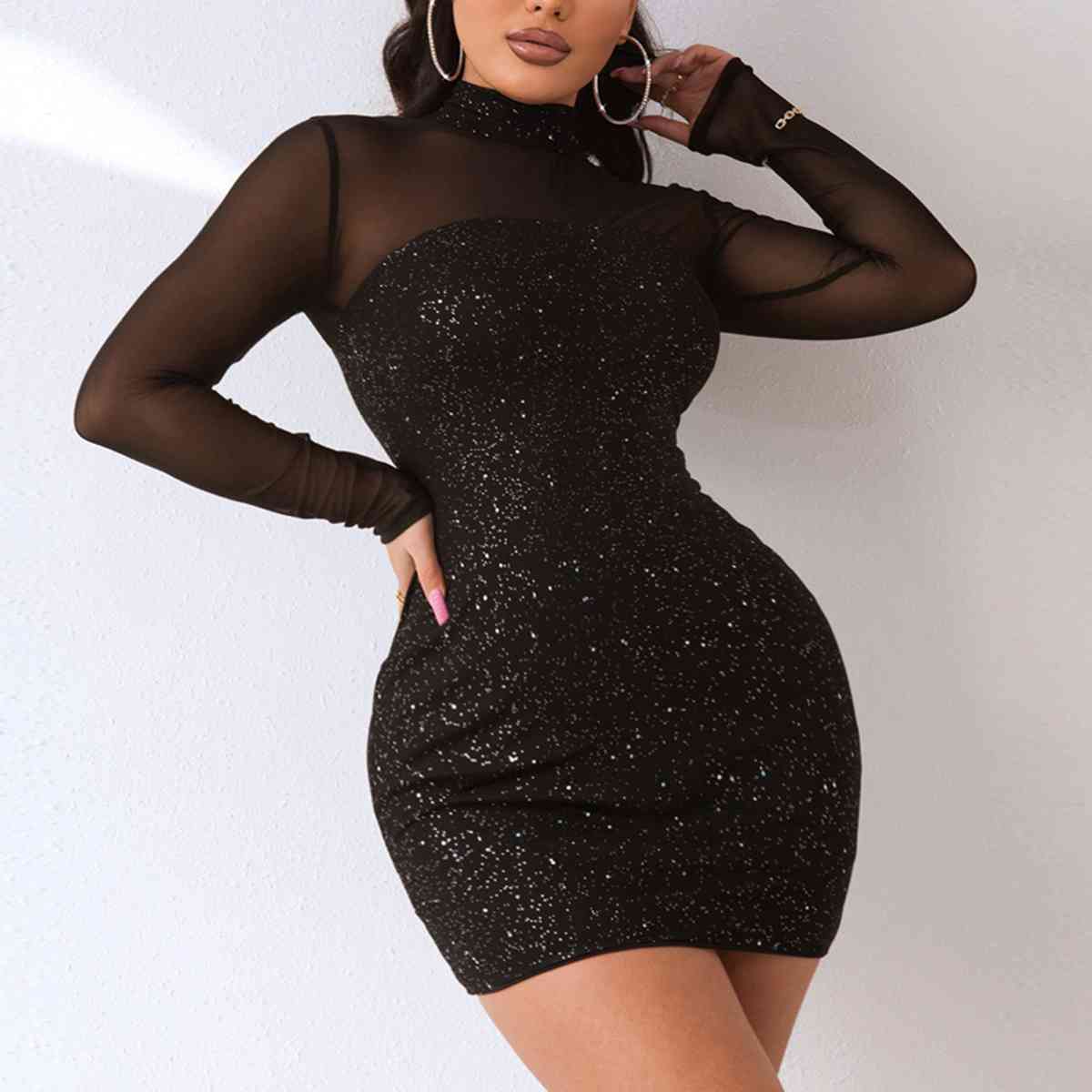 Sequin Mock Neck Mesh Dress | Mini Formal Evening Dress W/ long Sheer Sleeves