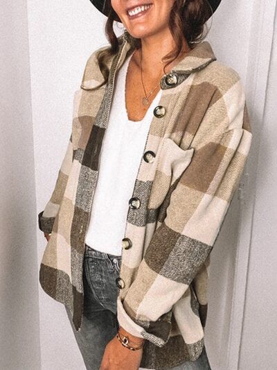 Plaid Pocketed Dropped Shoulder Button Up Jacket |Casual Collared Jacket