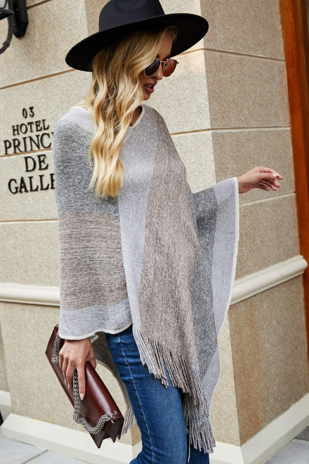 Color Block Fringe Hem Poncho