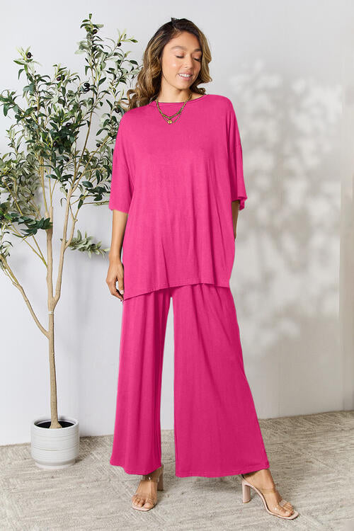 Double Take Full Size Round Neck Slit Top and Pants Set | Solid Stretchy Set