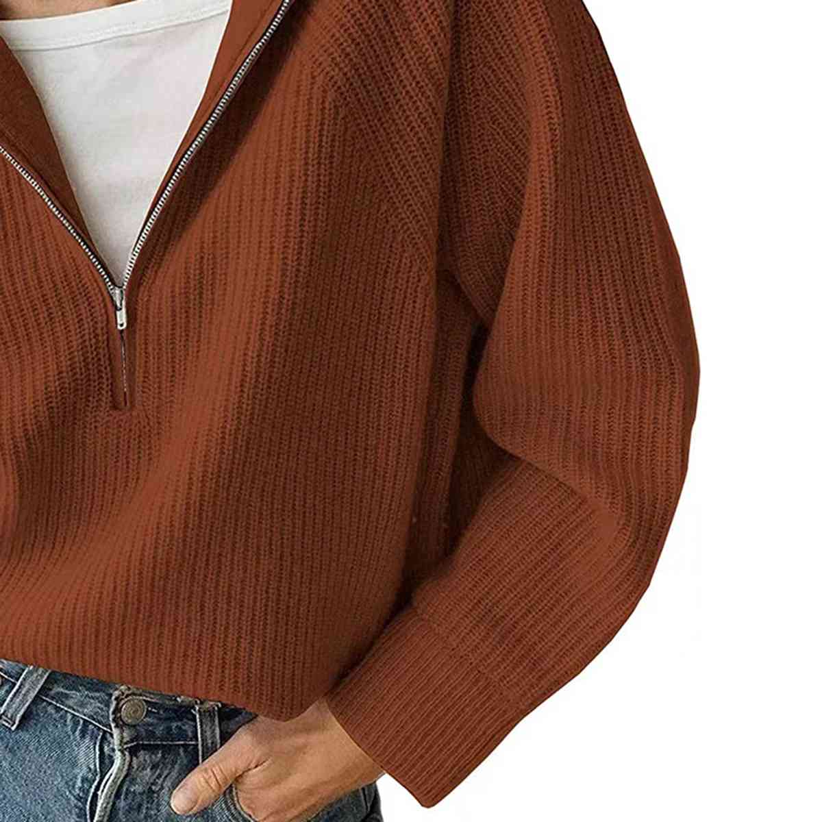 HaIf Zip Long Sleeve Knit Top | Acrylic Casual Top With Long Cuffed Sleeves