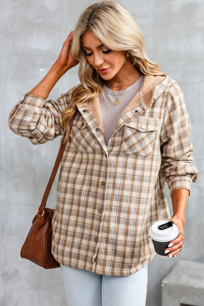 Plaid Snap Down Hooded Jacket | Casual Pocketed Jacket With Long Sleeves