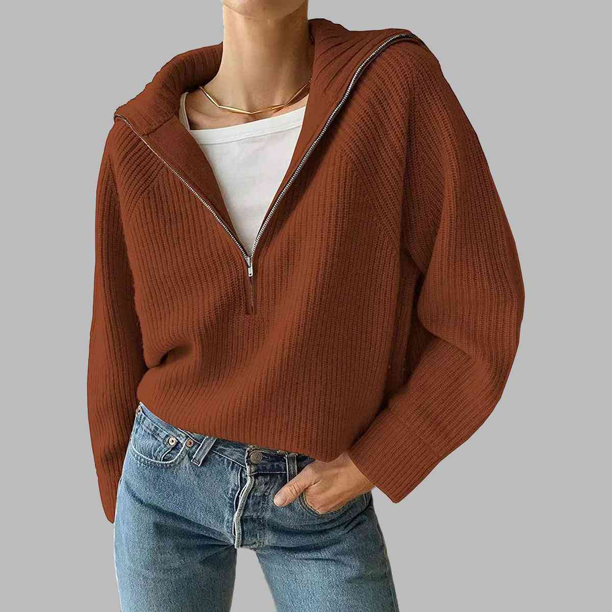 HaIf Zip Long Sleeve Knit Top | Acrylic Casual Top With Long Cuffed Sleeves