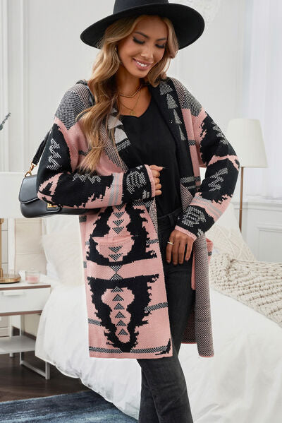 Geometric Open Front Pocketed Cardigan | Acrylic Cardigan With Single Button