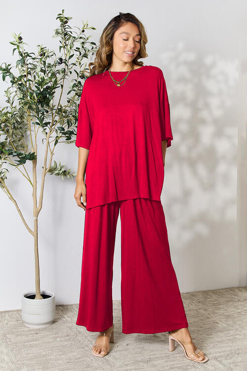 Double Take Full Size Round Neck Slit Top and Pants Set | Solid Stretchy Set