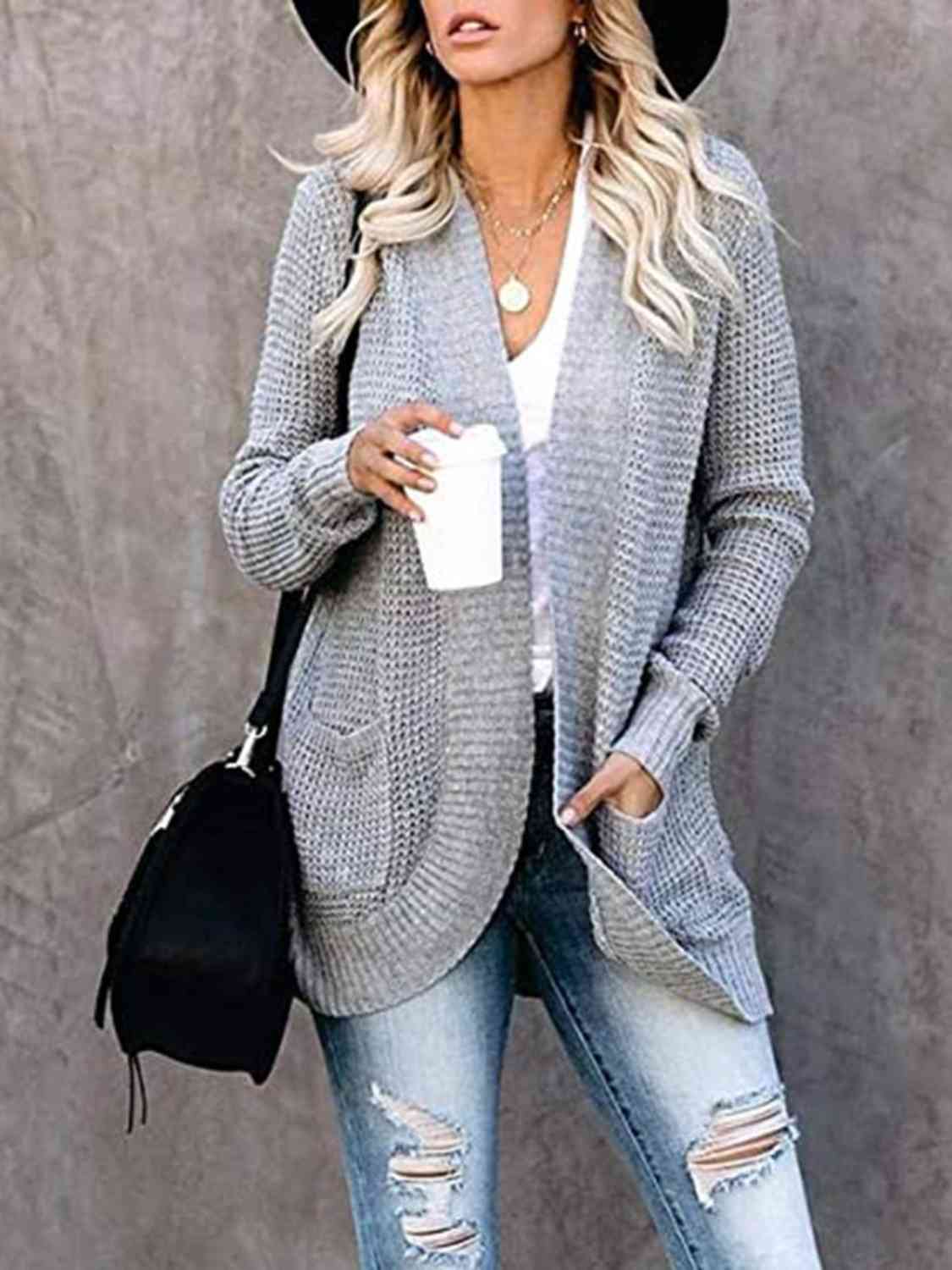 Open Front Long Sleeve Cardigan | Casual Polyester Cardigan With Side Pockets