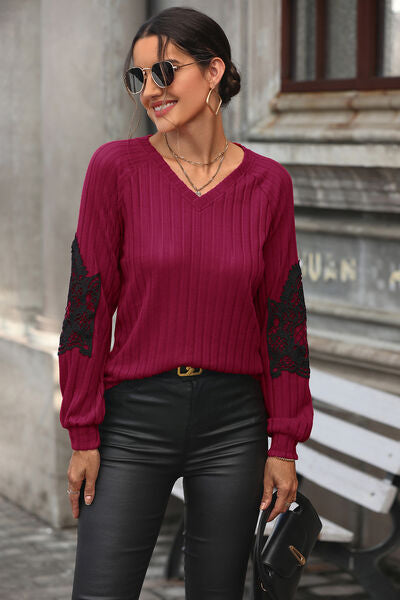 Ribbed Lace Detail V-Neck Sweater | Casual Sweater With Long Cuffed Sleeves