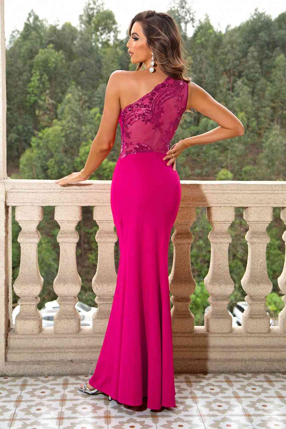 One-Shoulder Sleeveless Maxi Dress | Formal Solid Gown With Sheer Sequin Back