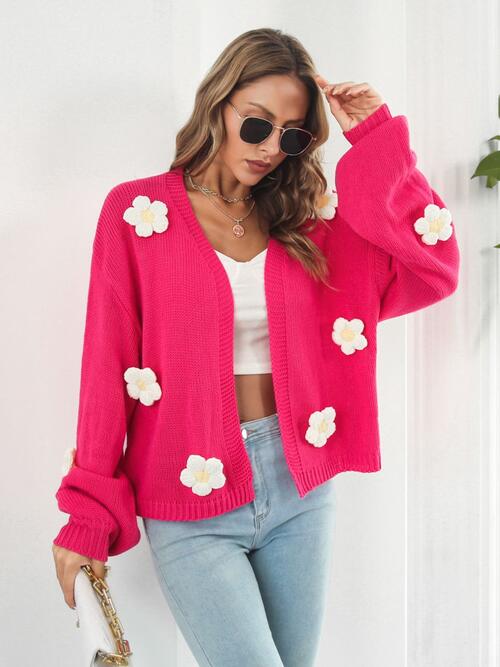 Floral Open Front Long Sleeve Cardigan | Ribbed Cuffs & Hem Acrylic Cardigan