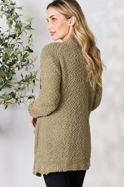 Zenana Falling For You Full Size Open Front Popcorn Cardigan | Pocketed Cardigan