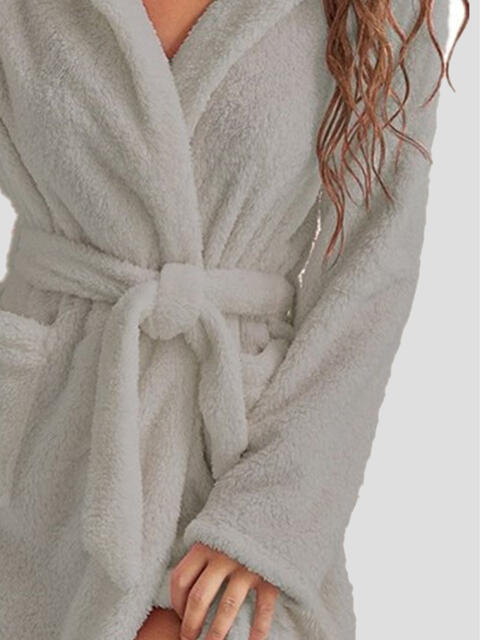 Tie Waist Hooded Robe | Soft Solid Stretched Polyester Robe With Pockets