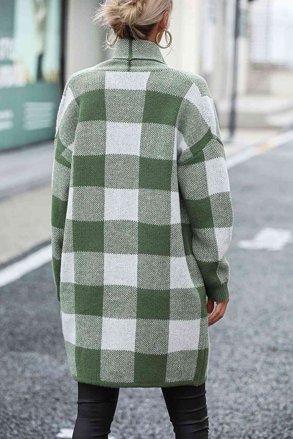 Plaid Dropped Shoulder Cardigan with Pocket | Checkered Open Frond Cardigan