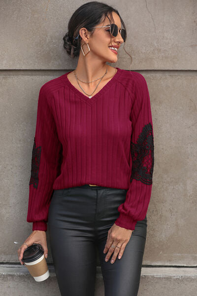 Ribbed Lace Detail V-Neck Sweater | Casual Sweater With Long Cuffed Sleeves