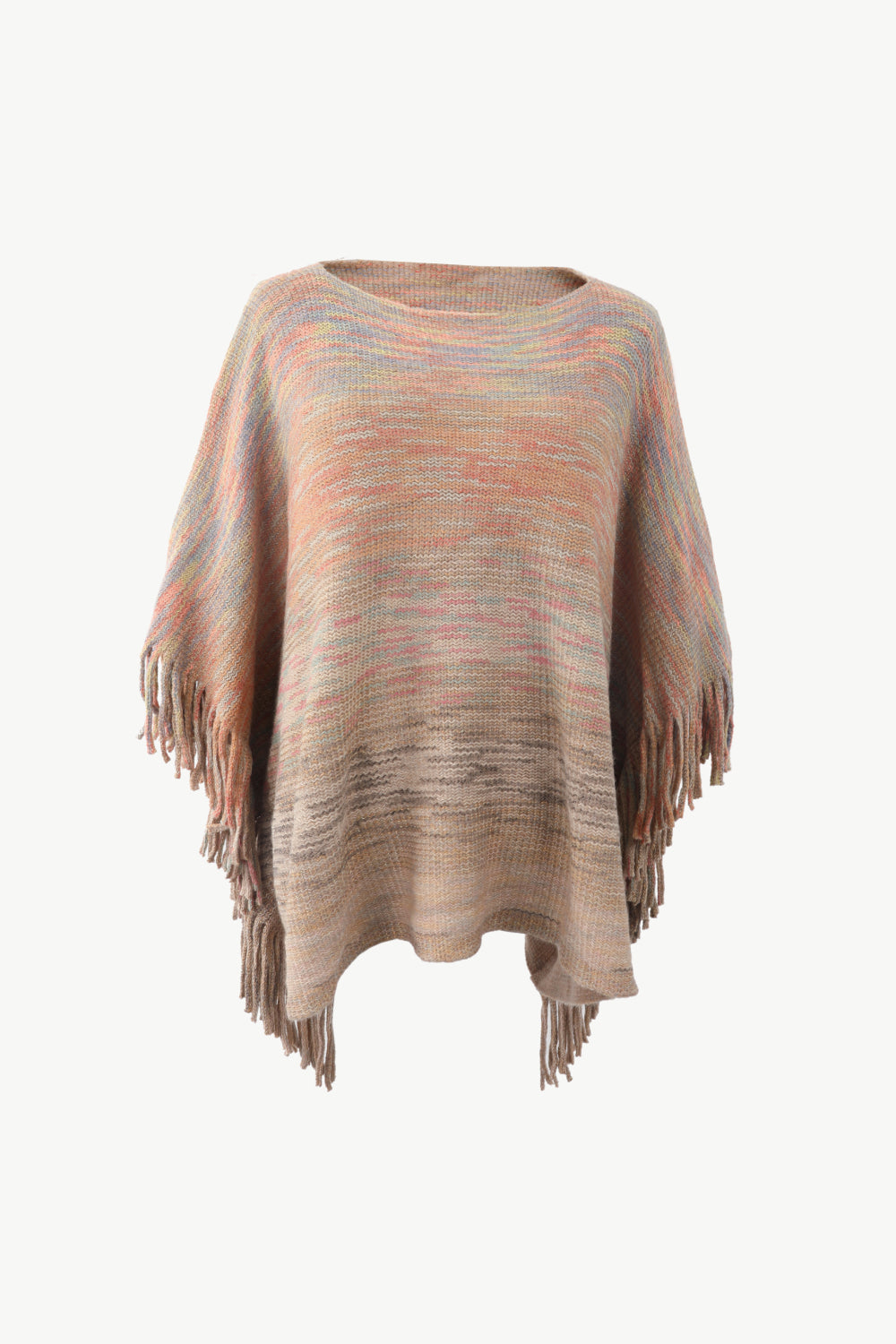 Round Neck Fringe Detail Poncho | Casual Woman's Knitted Stretch Acrylic Poncho