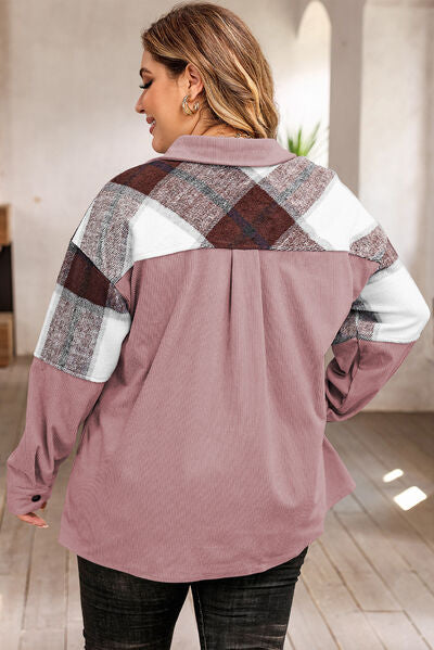 Plus Size Plaid Snap Down Jacket with Pockets | Collar Neck Polyester Jacket