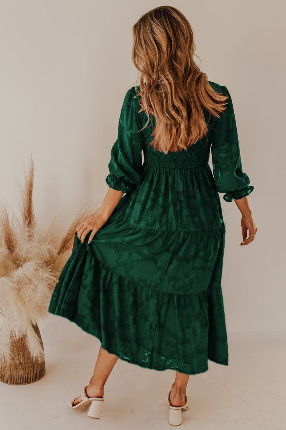 Smocked V-Neck Flounce Sleeve Dress