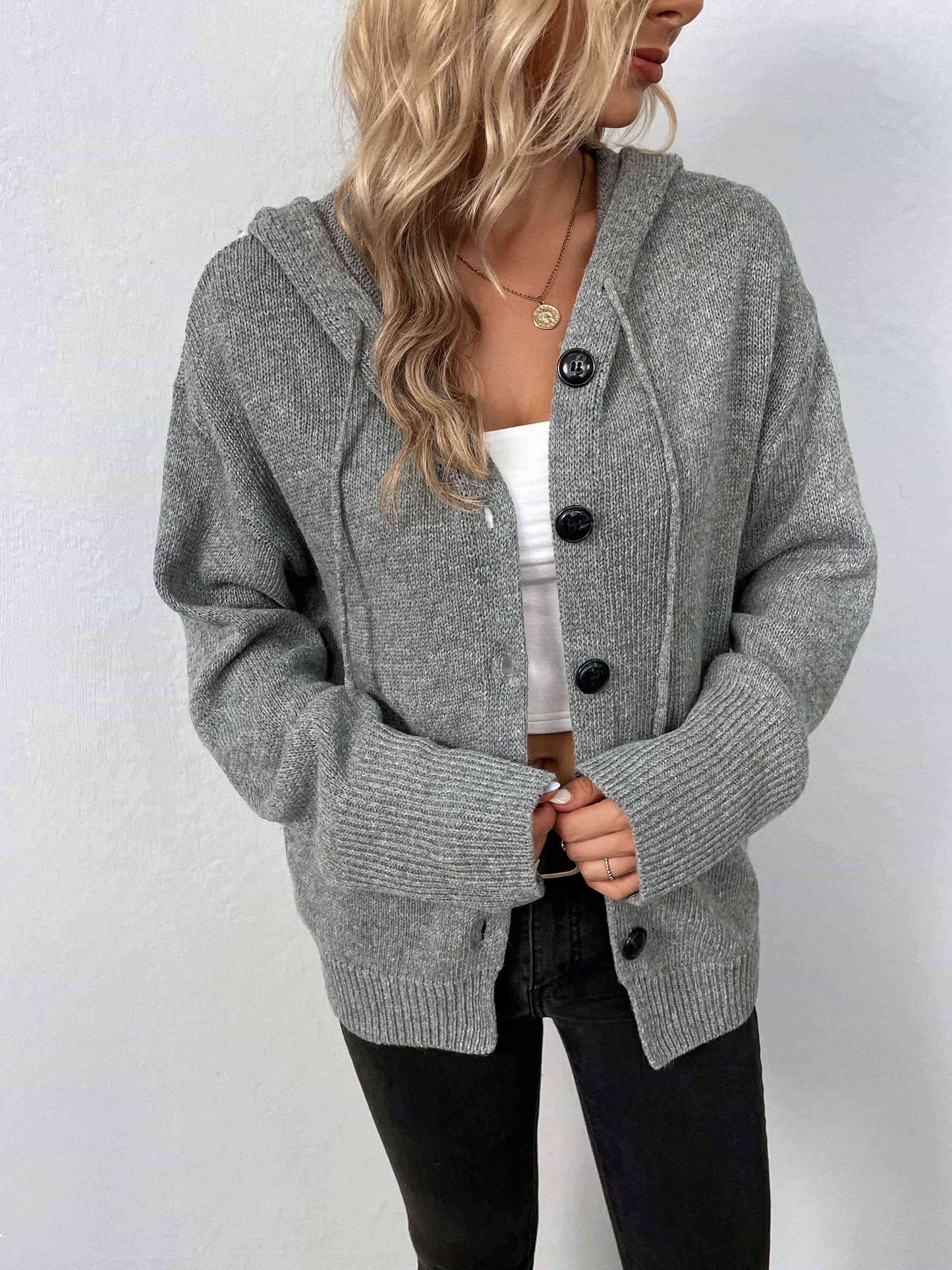 Button-Down Long Sleeve Hooded Sweater | Solid Sweater With Ribbed Cuffs