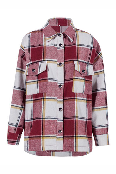 Plaid Pocketed Dropped Shoulder Coat | Casual Buttoned Coat With Collar Neck