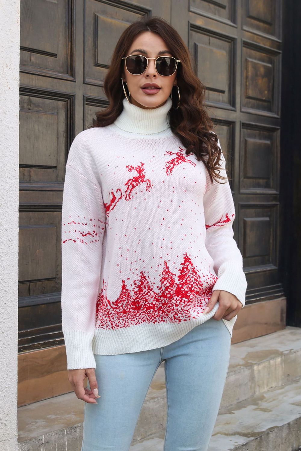 Reindeer & Snow Pattern Turtle Neck Pullover Sweater | Ribbed Acrylic Sweater