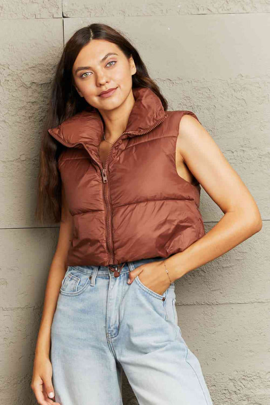 Zip-Up Drawstring Puffer Vest | Cropped Solid Band Collar Polyester Vest