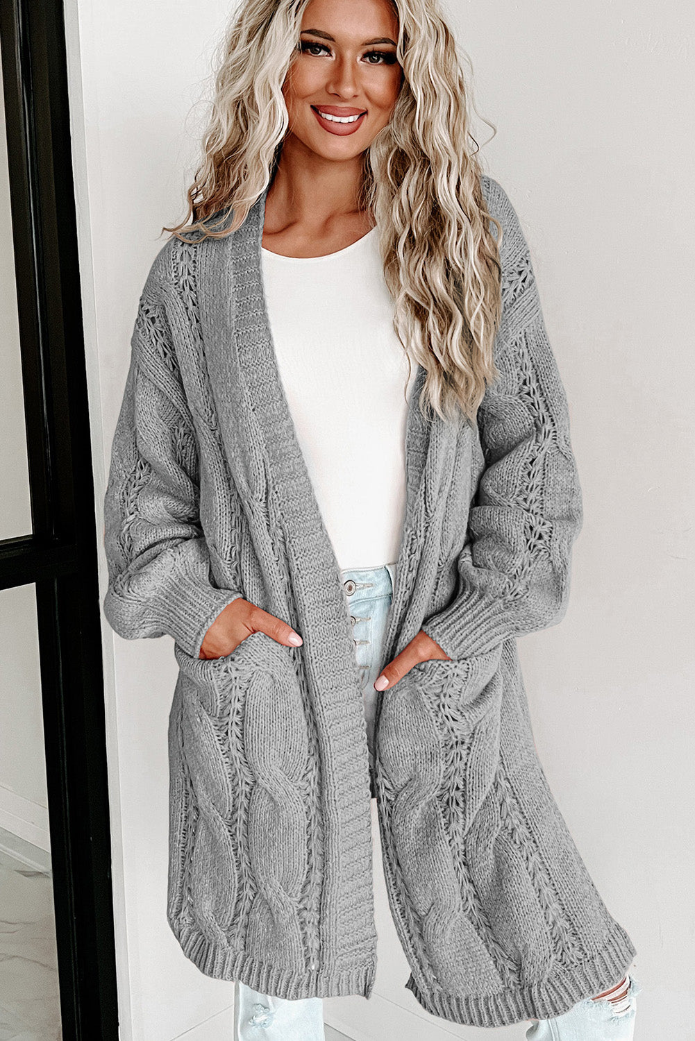 Cable-Knit Dropped Shoulder Cardigan | Acrylic Casual Cable Knit Cardigan