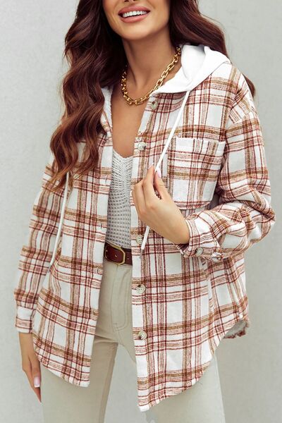 Plaid Drawstring Button Up Long Sleeve Hooded Jacket |Polyester Pocketed Jacket