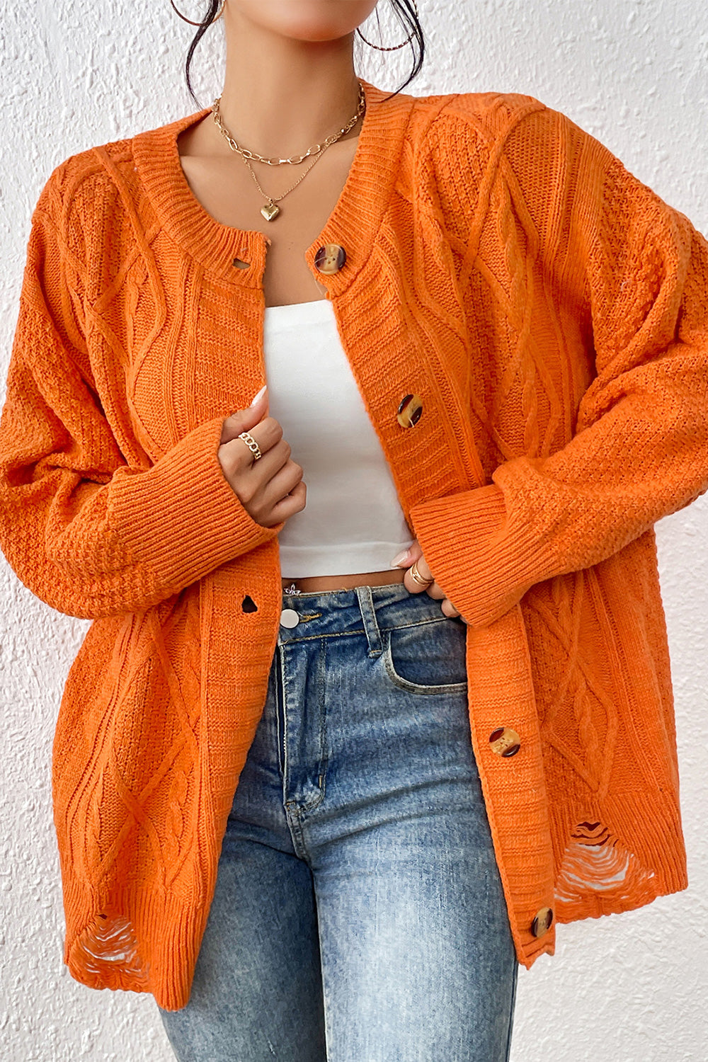 Round Neck Long Sleeve Cardigan | Cable Knit Acrylic Cardigan With Ribbed Hem