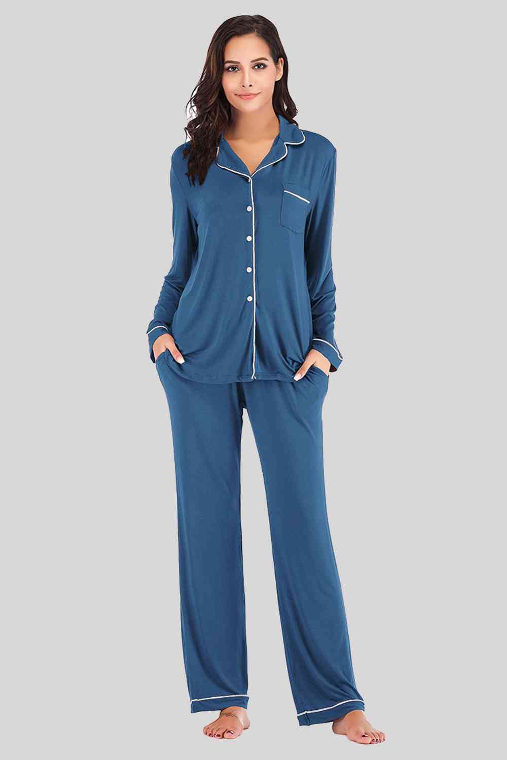 Collared Neck Long Sleeve Loungewear Set with Pockets | Stretchy Nylon Set