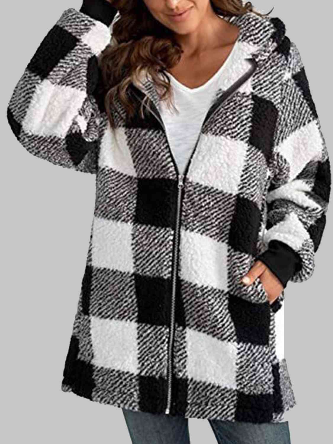 Plaid Zip-Up Hooded Jacket with Pockets | Warm Cozy Fuzzy Sherpa Jacket Shirt