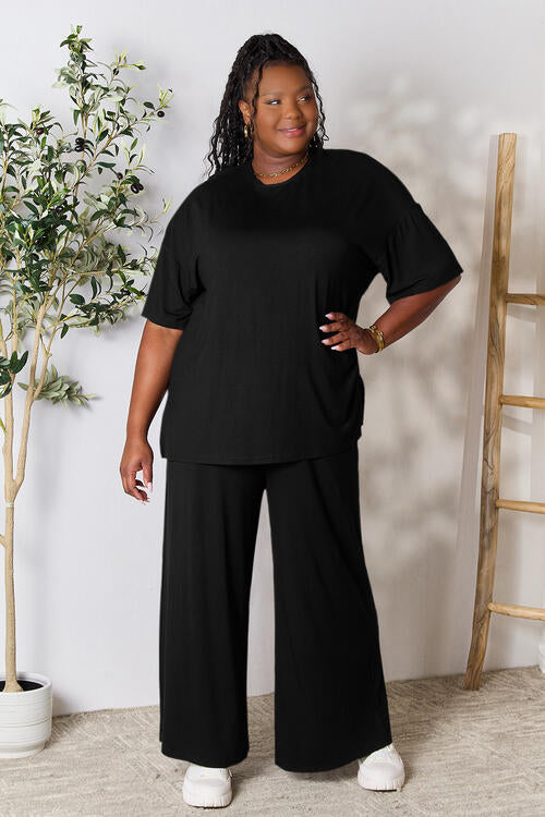 Double Take Full Size Round Neck Slit Top and Pants Set | Solid Stretchy Set