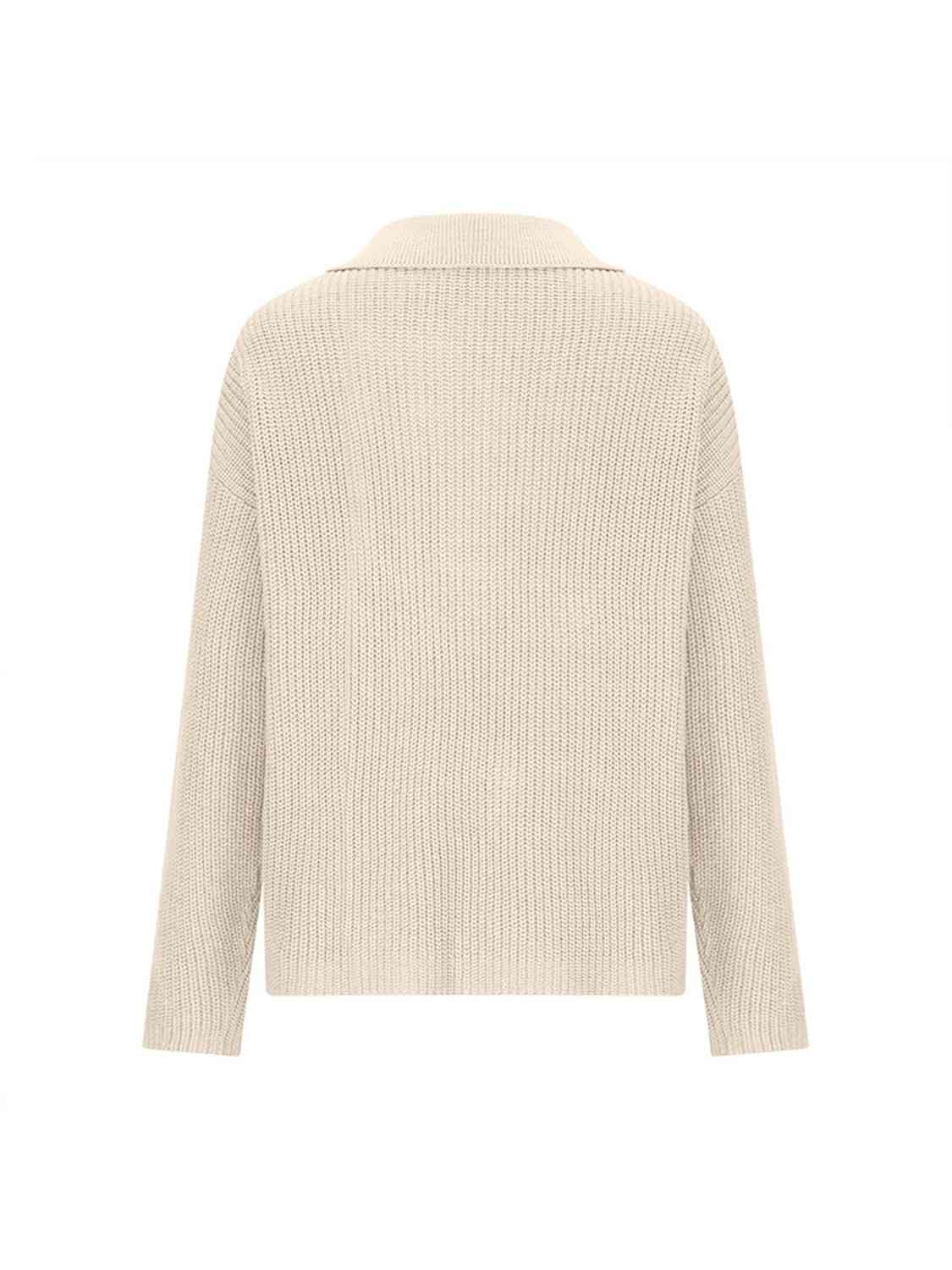 Collared Neck Half Button Knit Top | Ribbed Acrylic Sweater With Long Sleeves