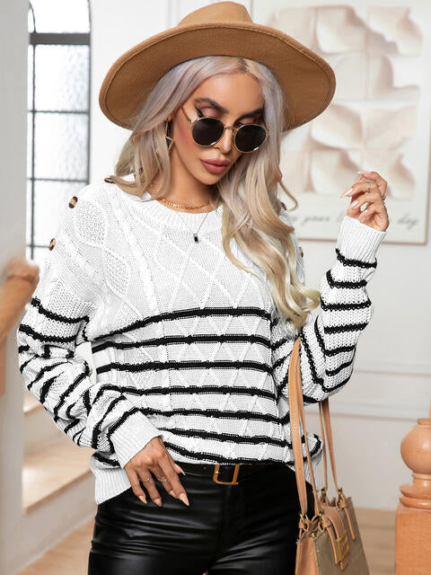 Striped Round Neck Cable-Knit Sweater | Acrylic Sweater With Ribbed Cuffs