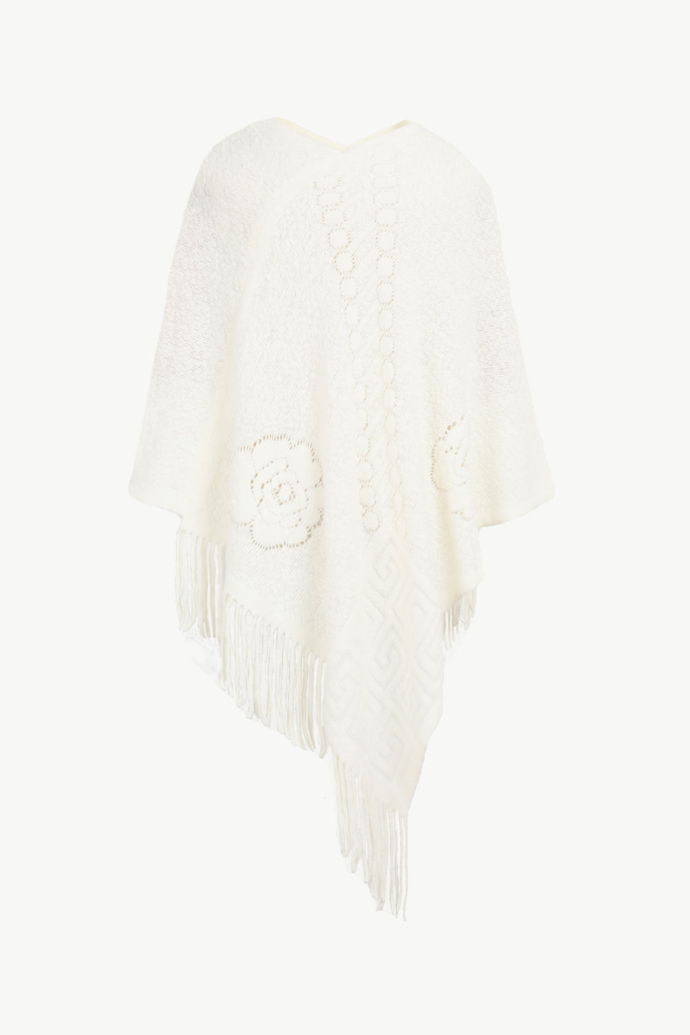 Pearl Trim Fringe Hem Poncho | Casual Solid Woman's Stretchy Acrylic Poncho