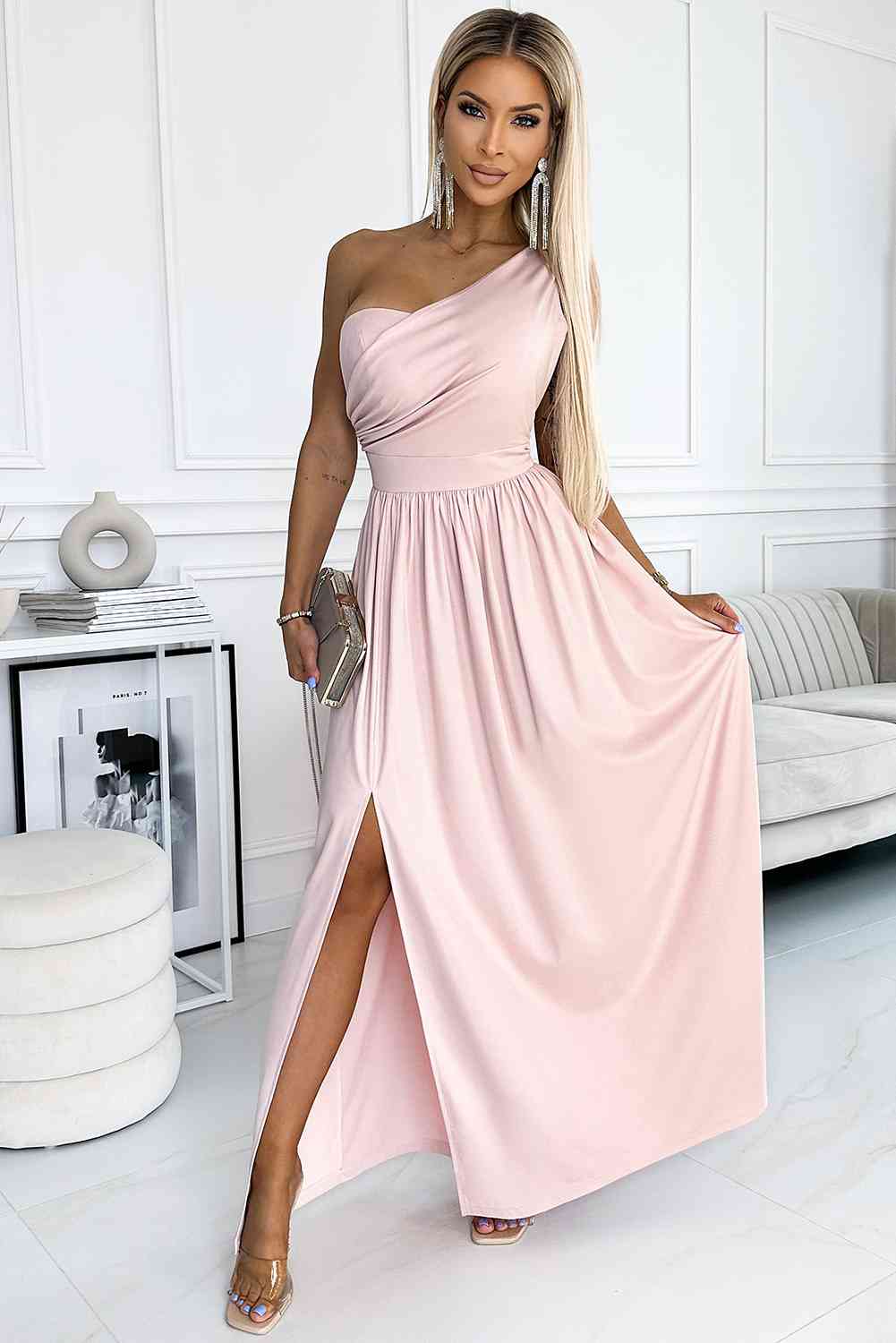 One-Shoulder Slit Maxi Dress | Prom Solid Sleeveless A-line Polyester Dress