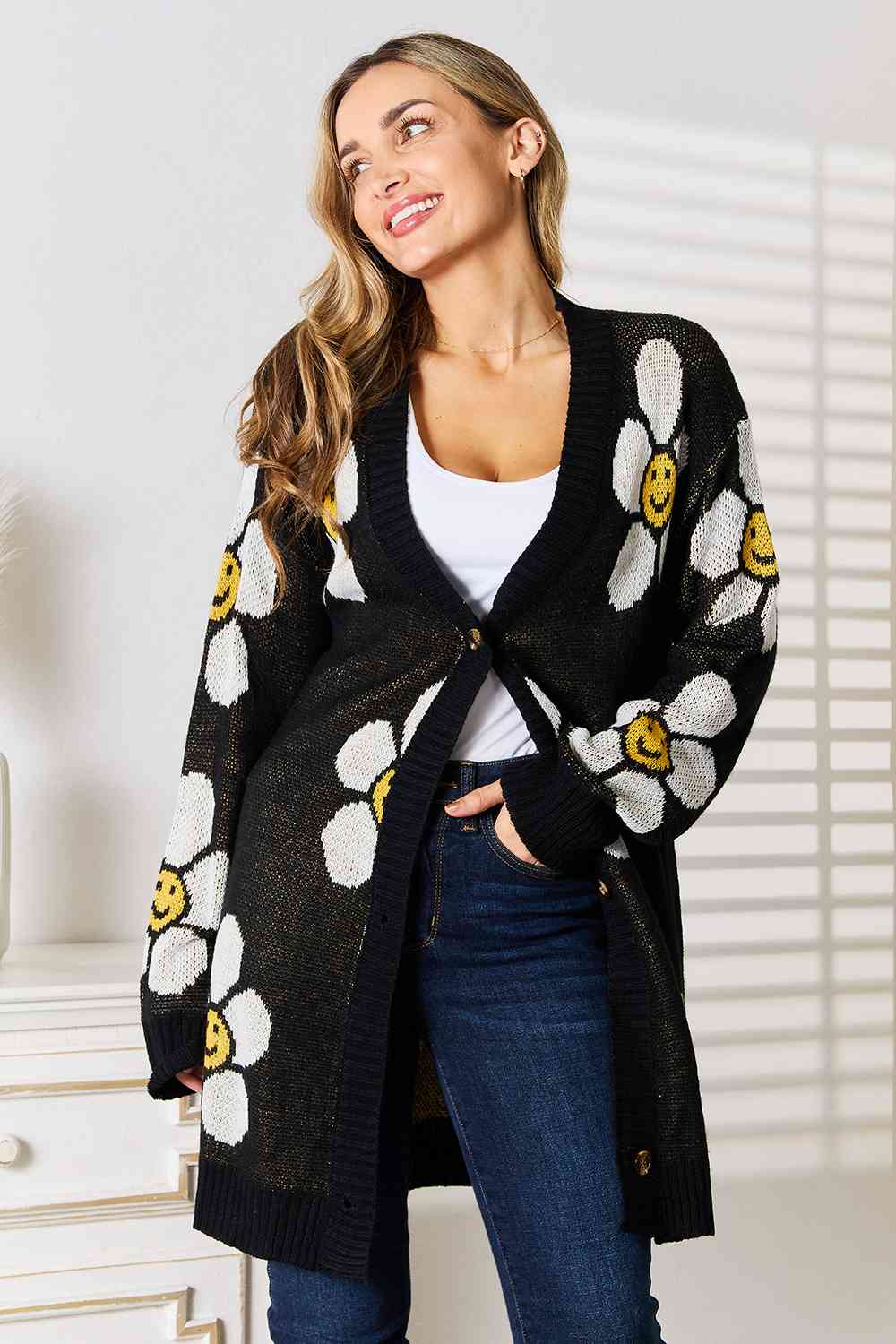 Double Take Floral Button Down Longline Cardigan | Casual Polyester Cardigan