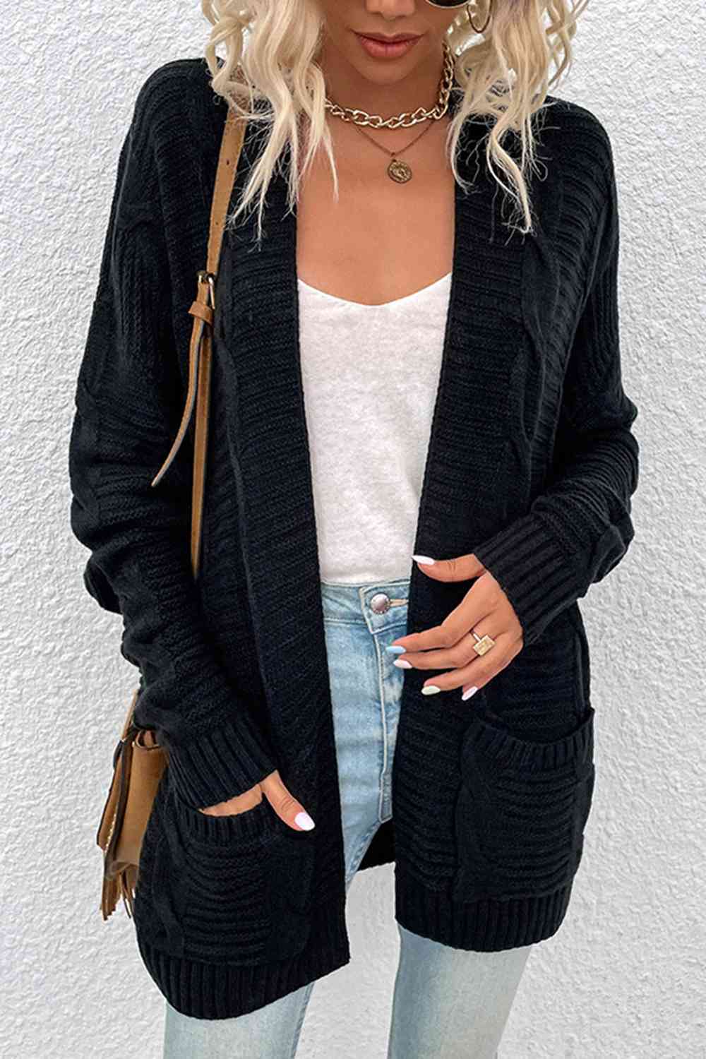 Cable-Knit Open Front Cardigan with Pockets | Casual Ribbed Polyester Cardigan