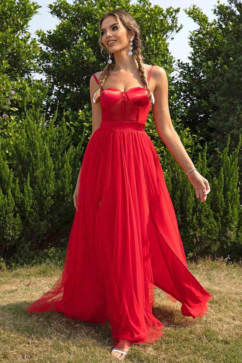 Spaghetti Strap Sweetheart Neck Split Dress |Formal Long A-Line Sleeveless Dress