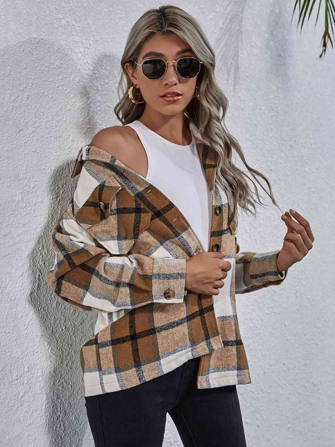 Plaid Button Down Collared Jacket | Woman's Casual Jacket With Chest Pockets